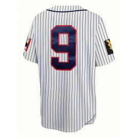 Men'S White Striped # 9 Baseball Shirt, Classic Letter Embroidery Design, Button Style Short Sleeved Breathable