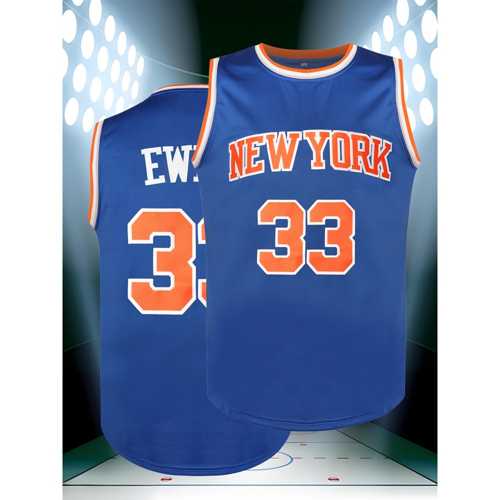 Men's #33 New York Basketball Jersey - Blue & Orange,, Lightweight Polyester, Round Neck Sleeveless Sports Shirt for Training, Competition & Casual Wear