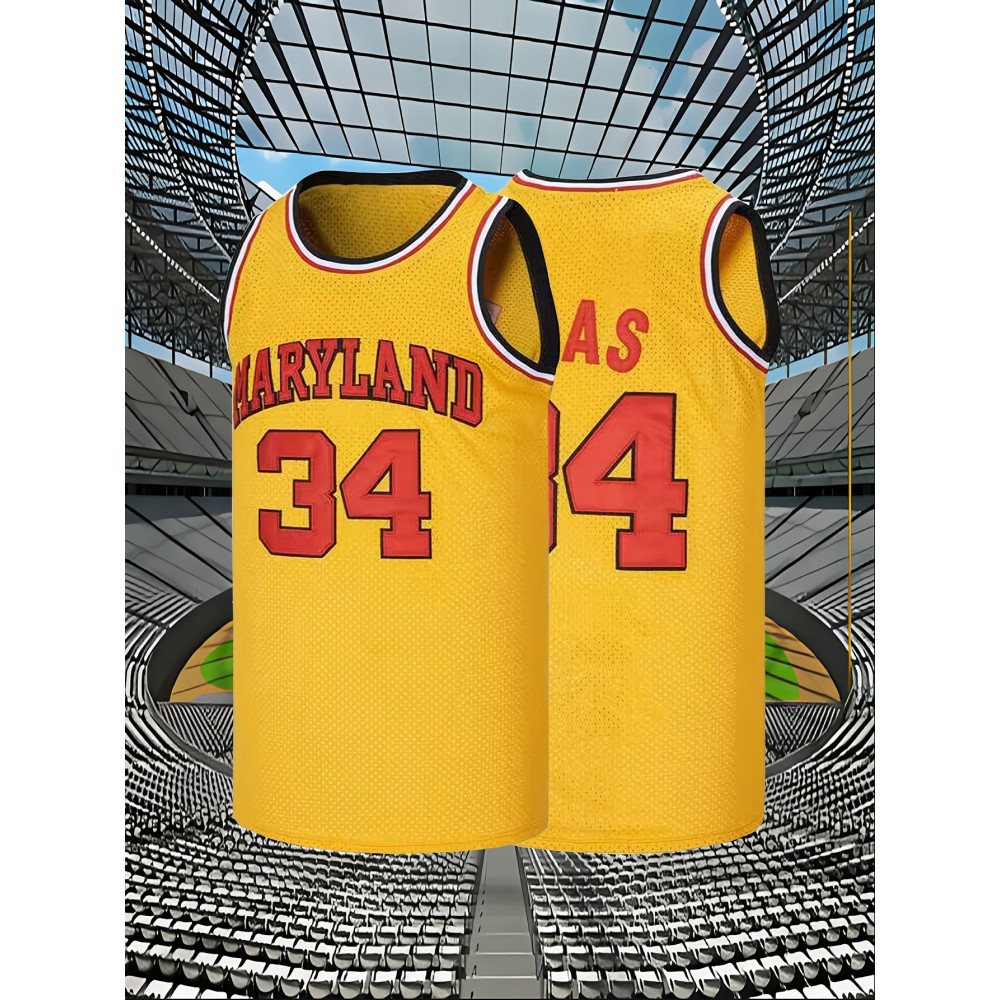 Men's #34 Yellow Basketball Jersey with Red Accents - Embroidered Polyester, Loose Fit, Breathable & Stretch Fabric for Sports, Casual Wear, and Outdoor Activities, Sizes S-XXXL