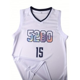 Men's #15 White Basketball Jersey - V-Neck, Breathable Polyester, 