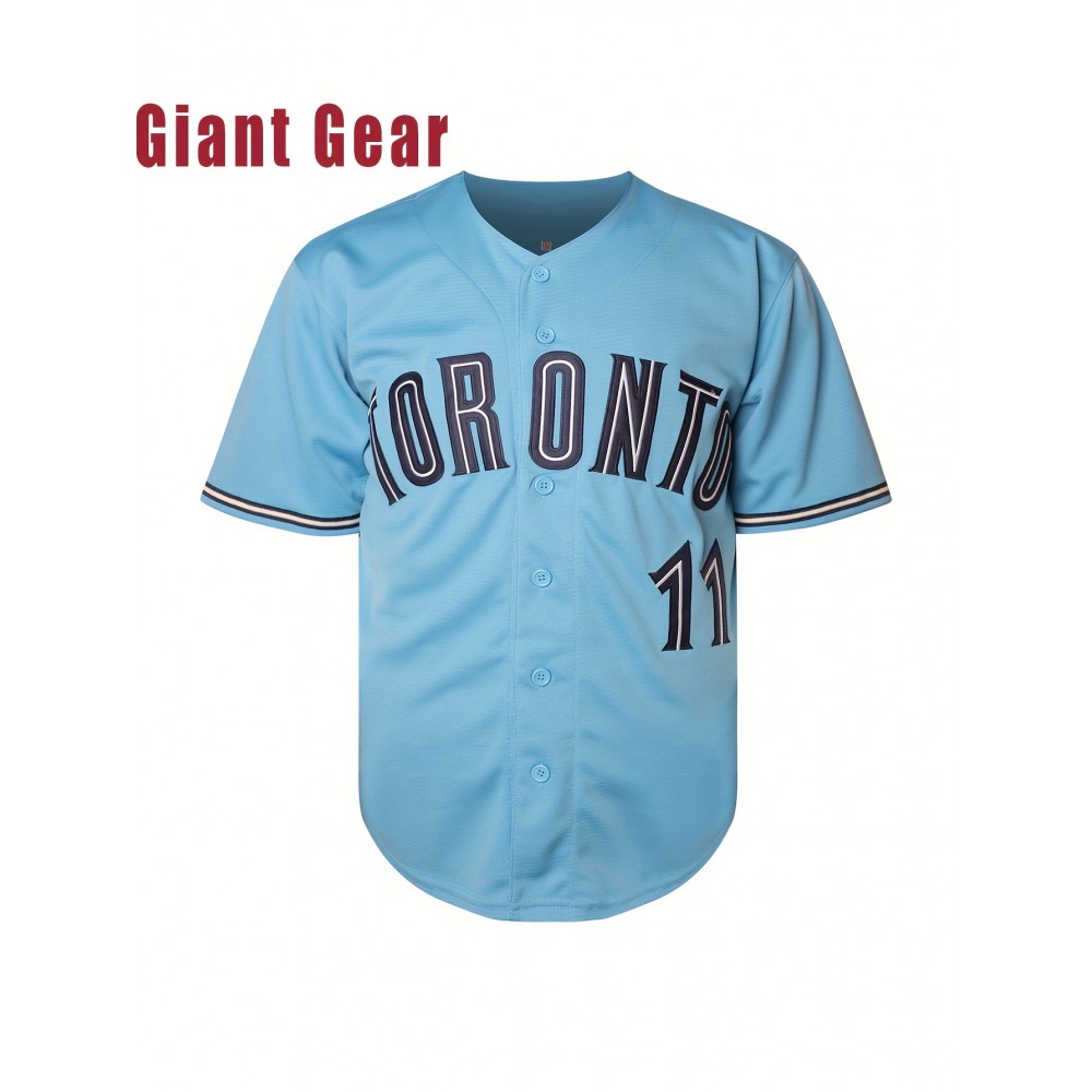 Men'S # 11 Blue Baseball Shirt Breathable Embroidered Polyester Fiber V-Neck And Button Closure Loose Fit Suitable For Team Sports, Leisure, Outing And Training Sizes S-3XL