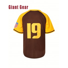 Men's #19 Brown Baseball Jersey with San Francisco Lettering & American Flag Patch - Loose Fit V-Neck Pullover for Training, Team Sports, Casual Wear (Sizes S-3XL), Outdoor Activity Clothing | Sporty Vneck Style | Durable Sportswear