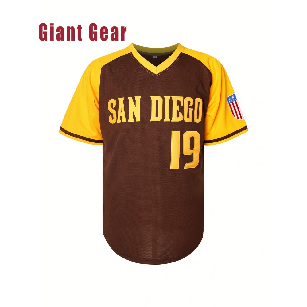 Men's #19 Brown Baseball Jersey with San Francisco Lettering & American Flag Patch - Loose Fit V-Neck Pullover for Training, Team Sports, Casual Wear (Sizes S-3XL), Outdoor Activity Clothing | Sporty Vneck Style | Durable Sportswear