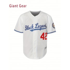 Men'S White Breathable Polyester Baseball Jersey # 42V Collar Sports Shirt With Embroidered Print Loose Button Top Suitable For Sports, Leisure And Team Activities All Year Round S-3XL