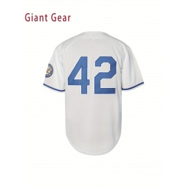 Men'S White Breathable Polyester Baseball Jersey # 42V Collar Sports Shirt With Embroidered Print Loose Button Top Suitable For Sports, Leisure And Team Activities All Year Round S-3XL