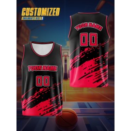 [Customizable] Youngsters' Customizable Basketball Tank Top | Polyester | Breathable, Comfort-Fit, Washable | Training, Games & Outdoor Fun | Black & Red with Splash Design
