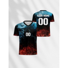 1pc Customizable V-Neck Soccer Jersey for Kids - 100% Polyester, All-Over Print, Personalized Name & Number, Medium Stretch, Regular Fit, for Boys & Girls, Ideal for Sports, Casual Wear, Training, Beach, Birthday - Spring/Summer/Fall