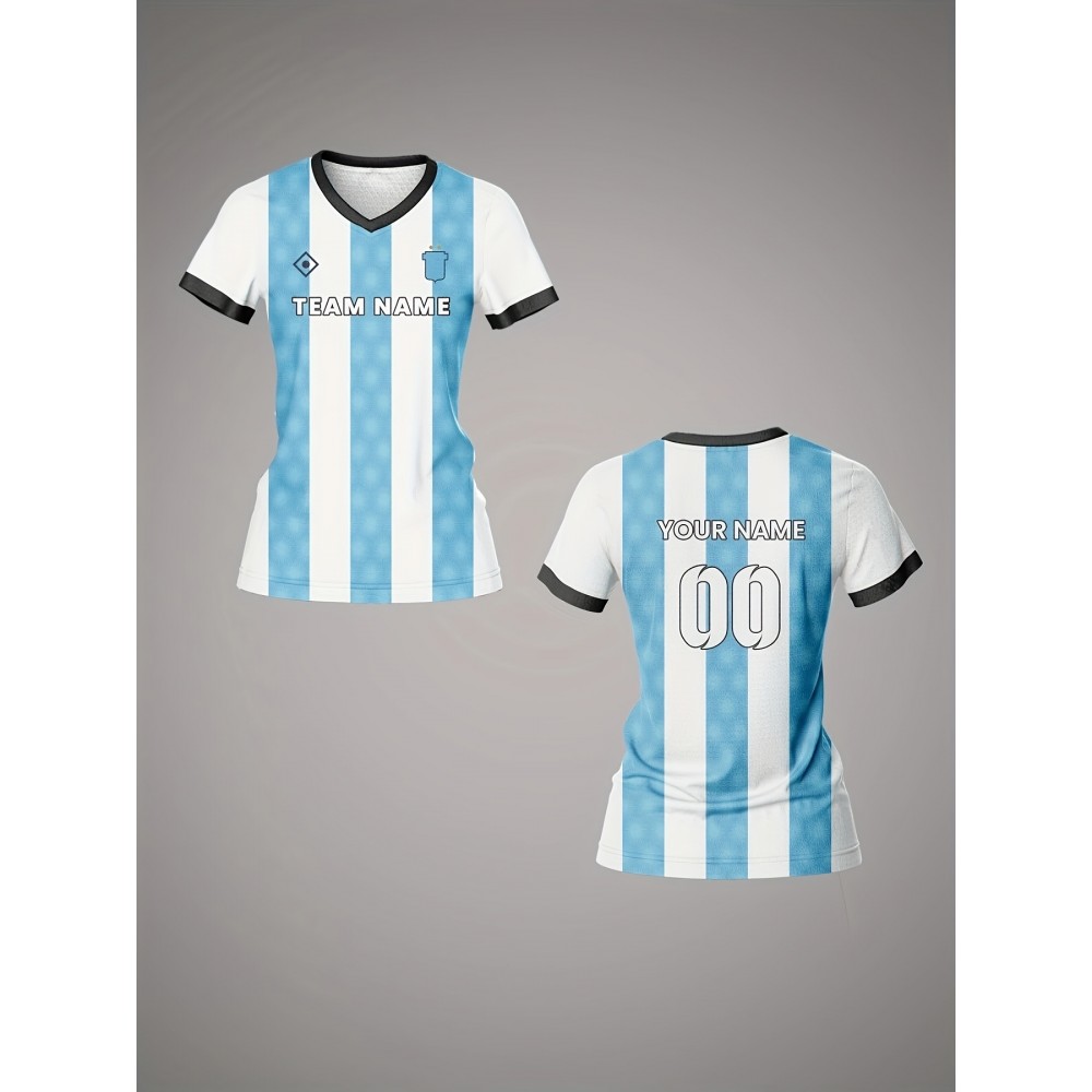 Customizable Women'S V-Neck Football Jersey - Light Blue & White Checkered, Breathable & Quick-Dry, Perfect for Team Training & Fitness, Team Branding Apparel | Checkered Pattern | Comfortable Fit, Football Jersey