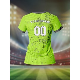 Custom Women's V-Neck Football Jersey - Personalized Name & Number, Lime Green with White Splatter Design, Breathable Moisture-Wicking Quick-Dry Fabric, Loose Fit for Team Training, Fitness & Casual Wear, Sports Training Gear, Comfortable Sports Apparel