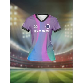 Customizable Women'S V-Neck Soccer Jersey - Personalized Team Name & Number, Breathable Quick-Dry Fabric for Training, Fitness & Casual Wear, Colorful Striped Design with Heart Rate Monitor, Seasonal Versatile Top|Sport Specific Apparel|Comfortable Fi